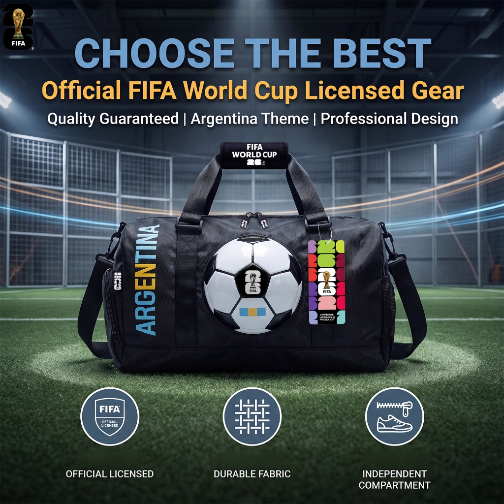 กระเป๋าสะพายข้าง FIFA World Cup – ช่องใส่ฟุตบอลเฉพาะ, การออกแบบฟุตบอล 3D, สายคล้องไหล่ที่ถอดออกได้, ที่จับเสริม, ผ้าทนทาน – กระเป๋า Fan Gear