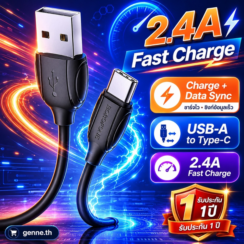 สายชาร์จ BOROFONE BX19 USB to Micro/Li/Type-C 2.4A ชาร์จเร็ว โอนถ่ายข้อมูลได้ สายเดียวใช้ได้หลายอุปกรณ์ รับประกัน 1 ปี