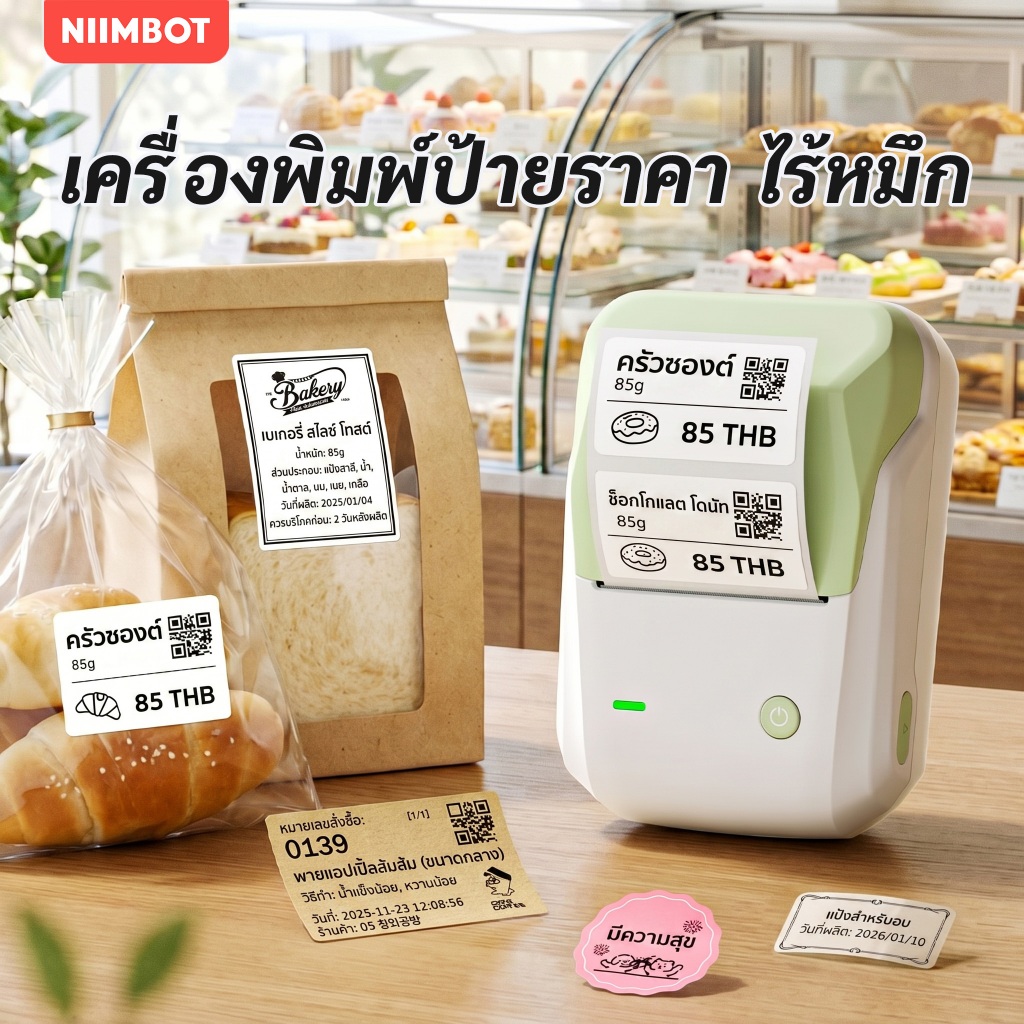 NIIMBOT B1 เครื่องพิมพ์บาร์โค้ดและสติกเกอร์ราคาอาหาร รองรับวันที่และข้อมูลผลิตภัณฑ์