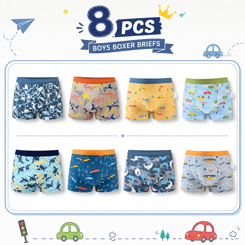【ส่งด่วน】 Boxer ชุดชั้นในสําหรับเด็กผู้ชาย 8 ชิ้นกางเกงบ็อกเซอร์ผ้าฝ้ายสําหรับเด็กขนาด 2-12 ปีเก่า