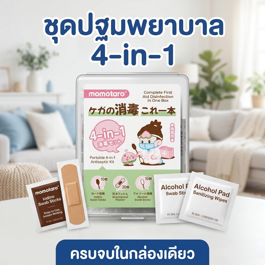 Momotaro ชุดปฐมพยาบาลพกพา 4in1 สำลีแอลกอฮอล์ พลาสเตอร์กันน้ำ ไอโอดีนสวอบ ชุดทำแผลเด็ก ชุดฉุกเฉินพกติดกระเป๋า