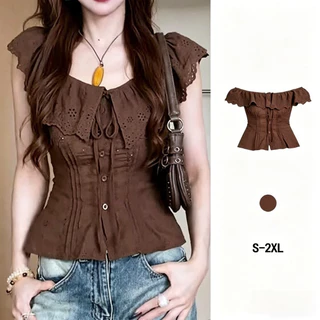 Ruffle Lace Blouse เสื้อครอปผู้หญิงปีกผีเสื้อลูกไม้ ผ้าคอตตอน คอสี่เหลี่ยมผูกโบว์หน้า เอวรัดทรงสัดส่วนดี สไตล์วินเทจ Size S-2XL