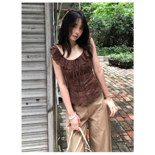 Ruffle Lace Blouse เสื้อครอปผู้หญิงปีกผีเสื้อลูกไม้ ผ้าคอตตอน คอสี่เหลี่ยมผูกโบว์หน้า เอวรัดทรงสัดส่วนดี สไตล์วินเทจ Size S-2XL