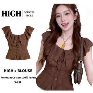 Ruffle Lace Blouse เสื้อครอปผู้หญิงปีกผีเสื้อลูกไม้ ผ้าคอตตอน คอสี่เหลี่ยมผูกโบว์หน้า เอวรัดทรงสัดส่วนดี สไตล์วินเทจ Size S-2XL