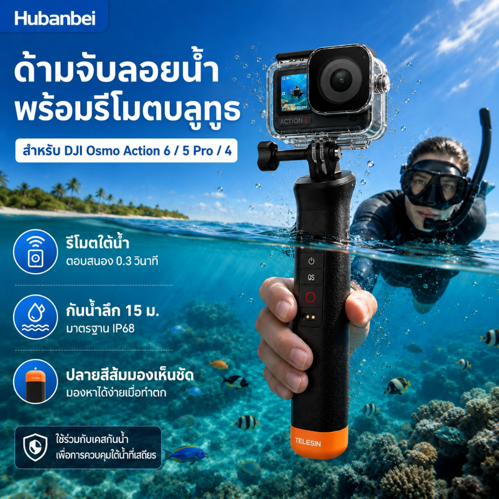 ด้ามจับรีโมทบลูทูธแบบลอยน้ำ สำหรับ DJI Osmo Action 6 / 5 Pro / 4 และ Osmo 360 ไม้เซลฟี่กันน้ำ ด้ามจับทุ่นลอย อุปกรณ์เมาท์กล้องแอคชั่น