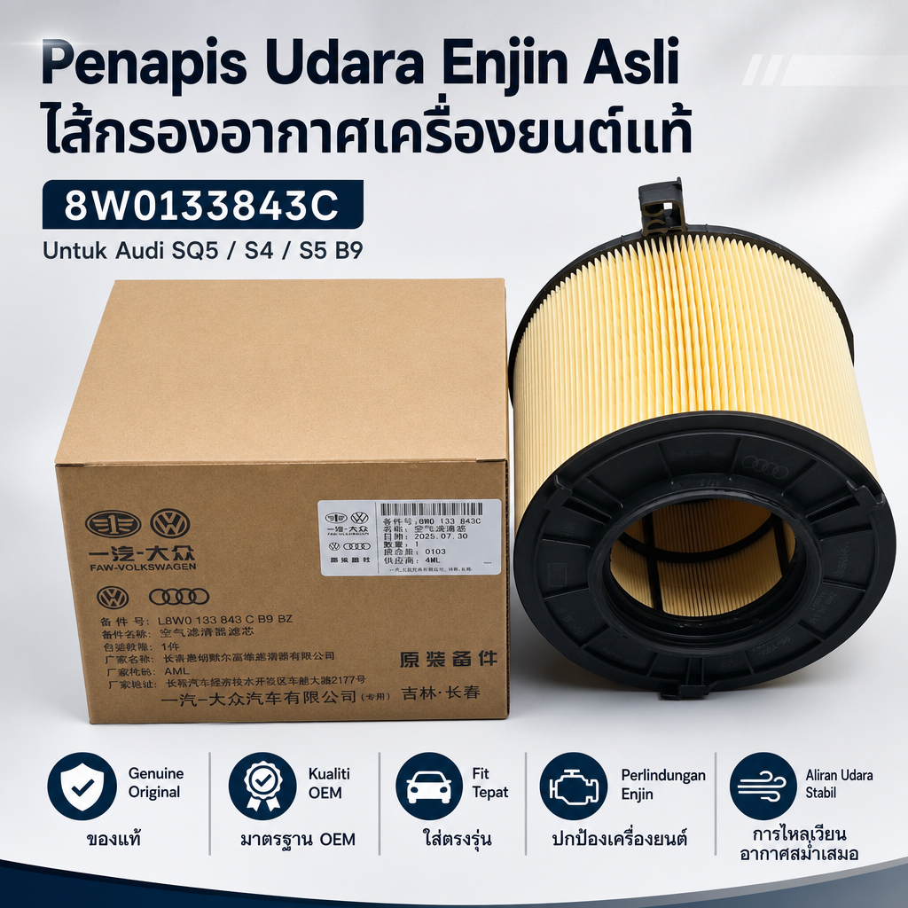 ของแท้ 100% AUDI S4 S5 SQ5 B9 ไส้กรองอากาศเครื่องยนต์ 8W0133843C 3.0T V6