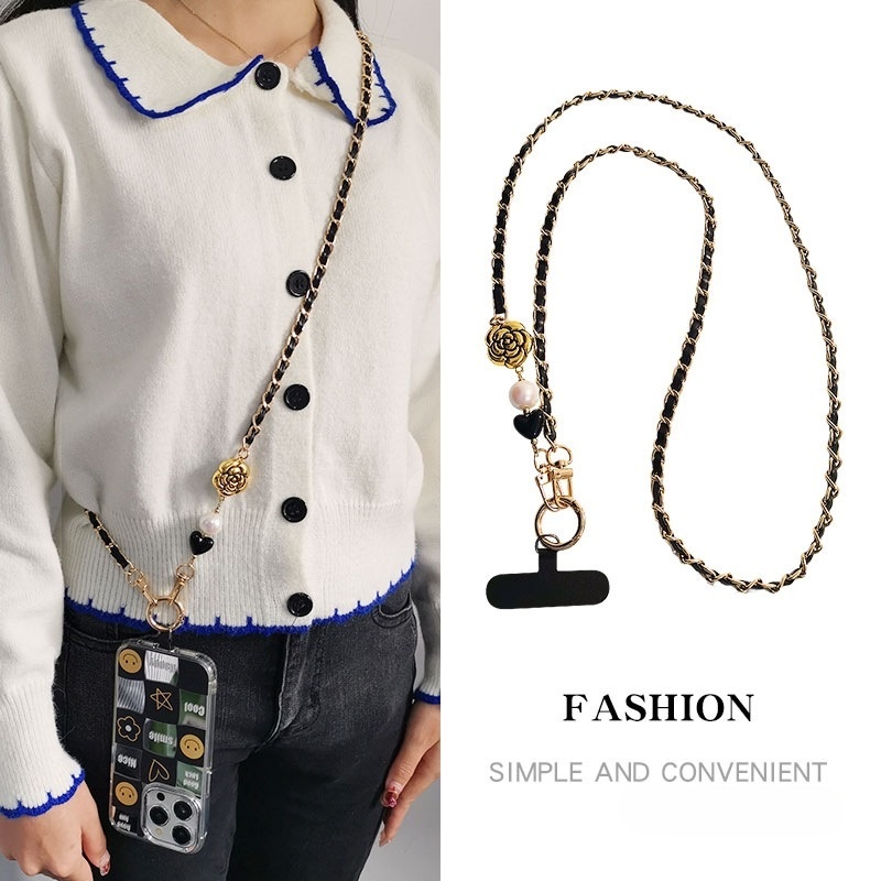 Crossbody Pearl Camellia หนังการ์ดโซ่หญิง ins แฟชั่นเรียบง่ายสไตล์นอร์ดิกโทรศัพท์มือถือ Lanyard Crossbody ยาว Crossbody
