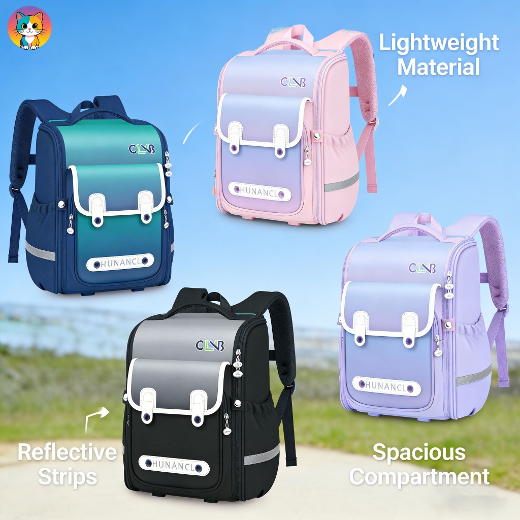 กระเป๋าเป้ดีไซน์ไล่สี สีชมพู ม่วง เขียว และดำ เหมาะสำหรับนักเรียนประถม น่ารัก