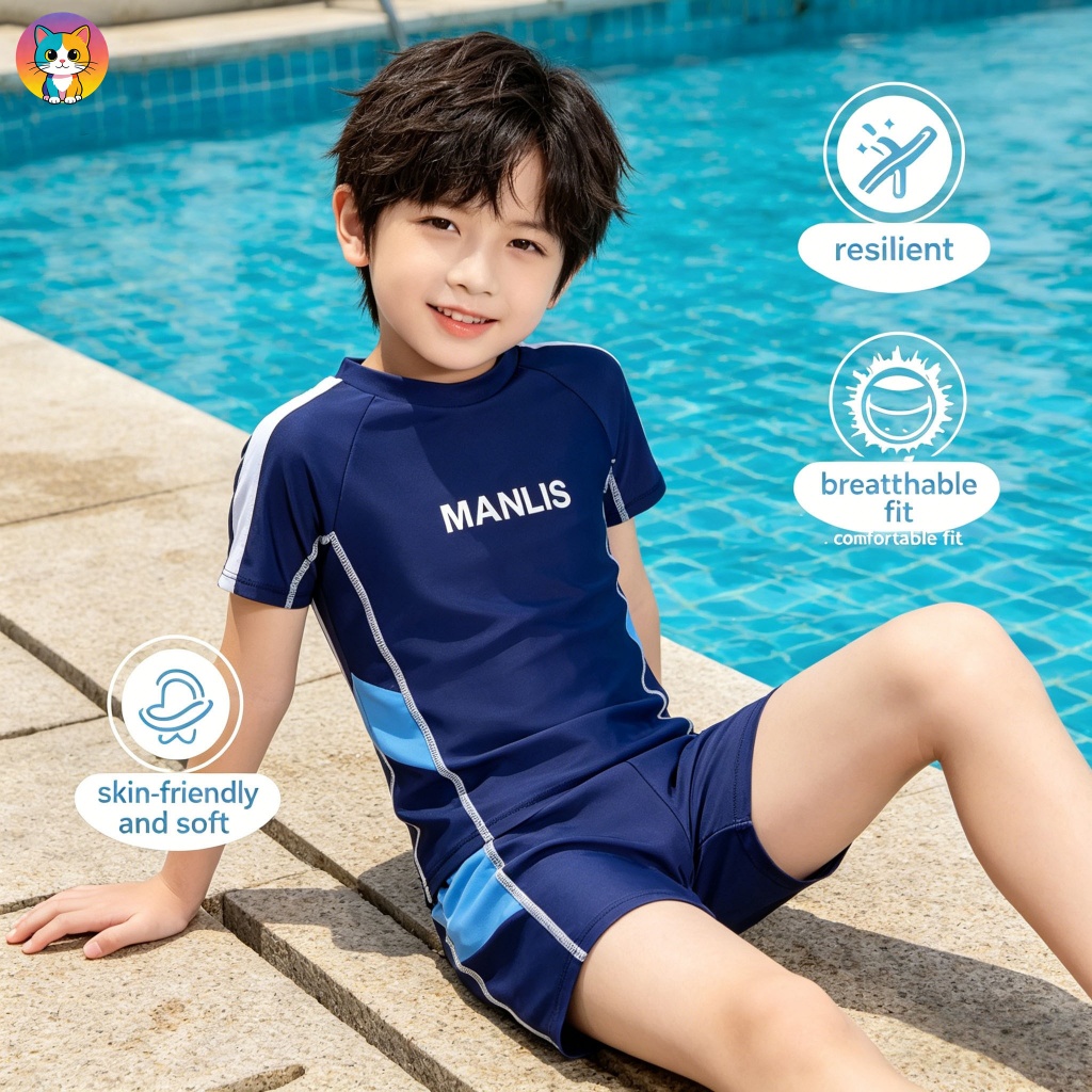 [จัดส่งในพื้นที่]ชุดกันแดดสองชิ้นสําหรับเด็กผู้ชายอายุ 3-14 ขึ้น 50 เสื้อว่ายน้ําแขนสั้นและกางเกงว่ายน้ํา สีกรมท่า และสีส้ม