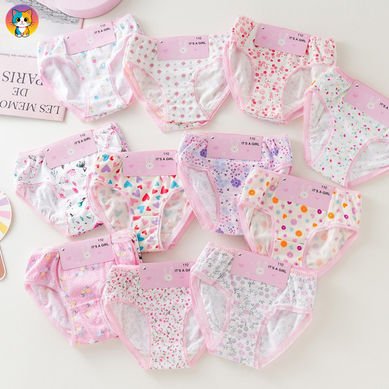 [จัดส่งฟรี] ชุดชั้นในผ้าฝ้ายสำหรับเด็กหญิงวัย 3-12 ปี แพ็ค 12 ชิ้น พิมพ์ลายดอกไม้และกระต่ายน่ารัก กางเกงในระบายอากาศได้ดีและนุ่มสบาย