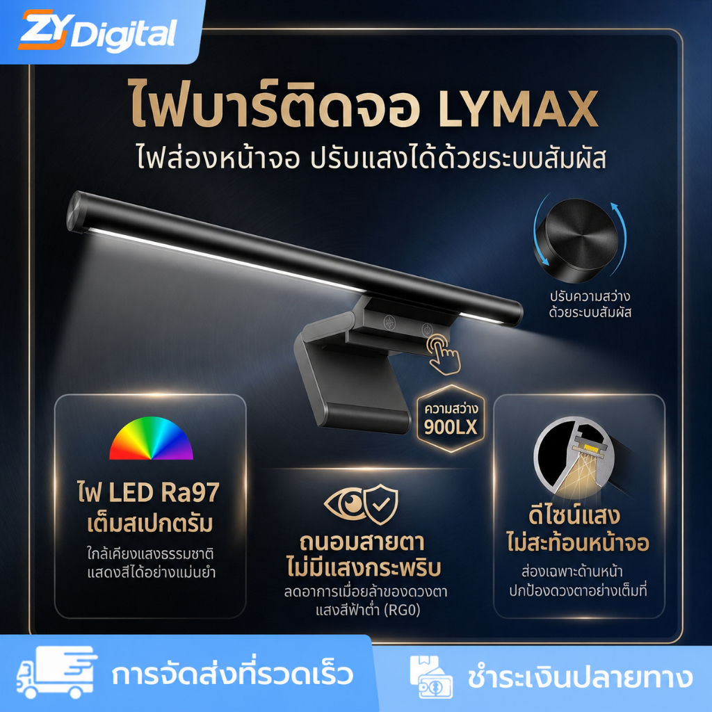 โคมไฟแขวนหน้าจอ LYMAX DT02-1 – แสงอสมมาตรไม่สะท้อนจอ ค่าสีสมจริง Ra97 (High CRI) ฟูลสเปกตรัม ลดแสงสีฟ้าถนอมสายตา – เหมาะสำหรับออฟฟิศ / เล่นเกม (eSports) / งานออกแบบกราฟิก