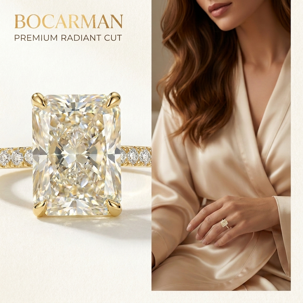 BOCARMAN S925 เงินโรเดียมชุบ 18K Gold Plated รูปสี่เหลี่ยมผืนผ้า 8x10 มม.Beige สี 5A Zirconia Ice Cu