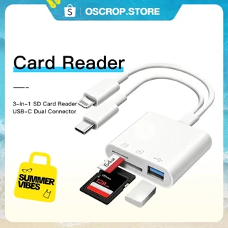 เครื่องอ่านการ์ด SD สําหรับ iPhone Android, เครื่องอ่านการ์ดขั้วต่อ iOS คู่ในตัวและ USB C พร้อม USB-A/SD/MicroSD 3 ช่อง, ไม่ต้องแอปพลิเคชั่น Plug and Play