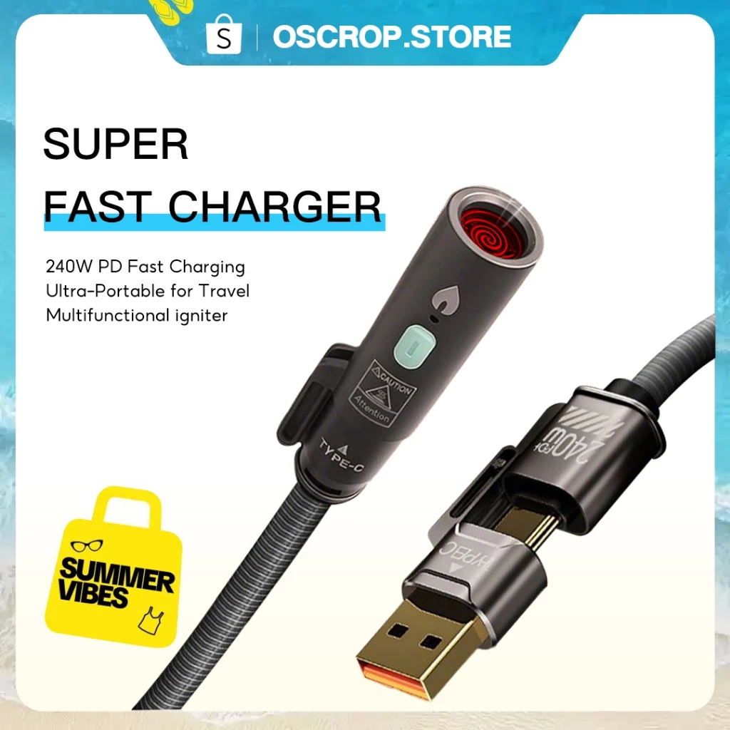สายเคเบิลข้อมูลจุดระเบิดคอยล์ 240W พร้อม USB-A/Lightning + Dual Type-C, 5FT สายเคเบิลข้อมูลแบบถักไนลอน, ชาร์จ MacBook ได้อย่างรวดเร็ว, iPhone16/15/14/13, Android และอื่นๆ, 480Mbps ข้อมูล trans