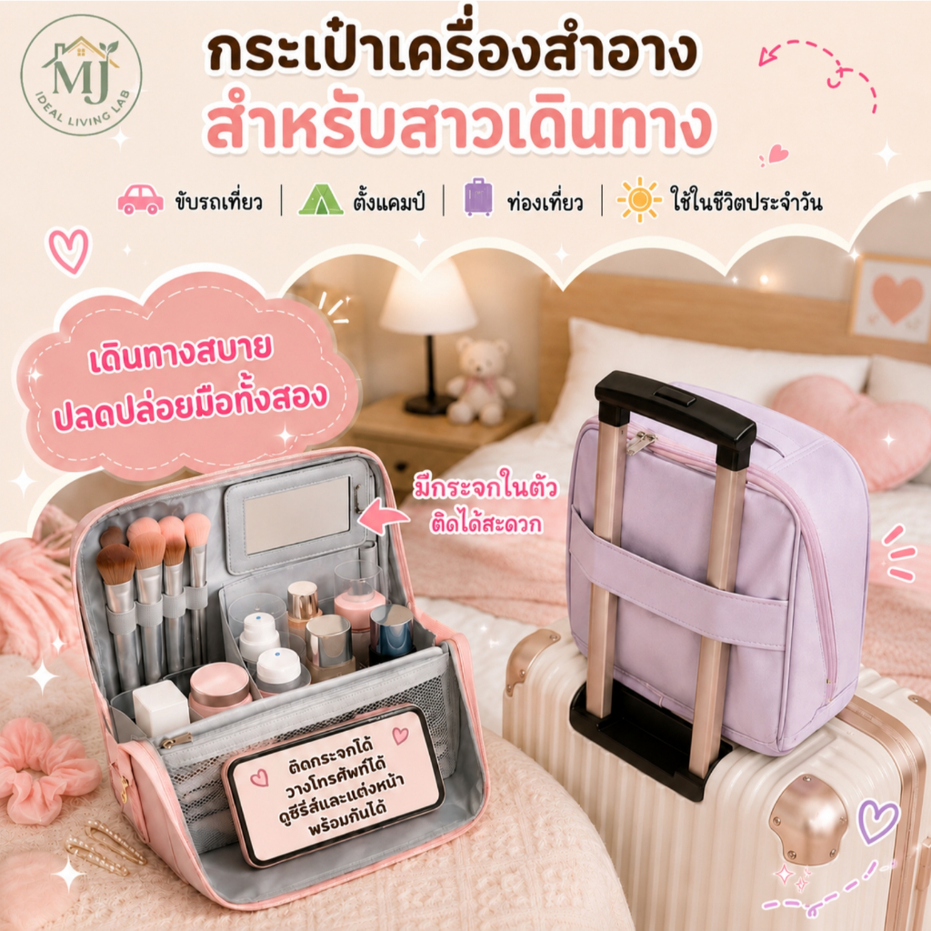 กระเป๋าเครื่องสำอางค์ กระเป๋าอเนกประสงค์ กระเป๋าใส่เครื่องสำอางค์ ความจุเยอะ แบ่งสัดส่วนหลายช่อง กันน้ำ มีกระจก ตั้งได้ แบบพกพา PU ผ้าอ็อกซ์ฟอร์ด