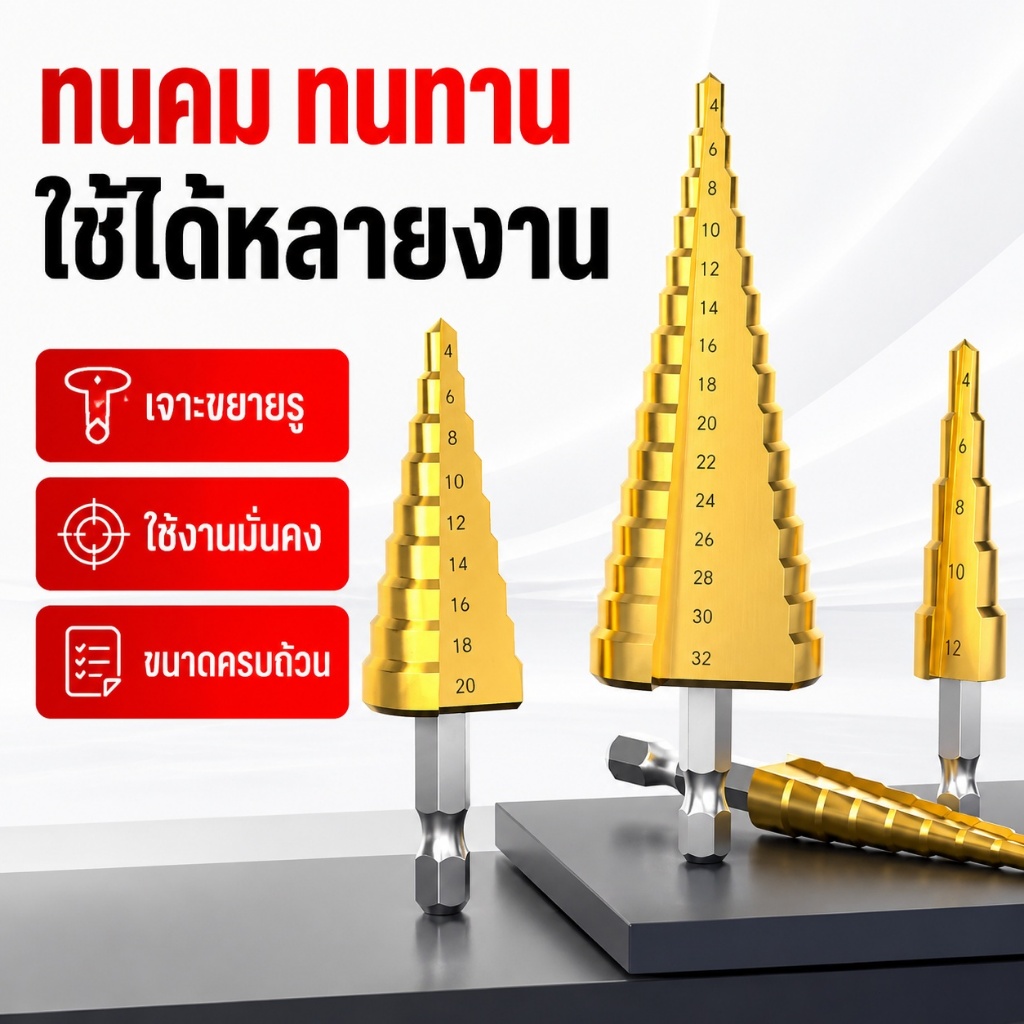 ดอกสว่านทรงเจดีย์ 3 ชิ้น ชุบไทเทเนียม HSS 3 in 1 ขนาด 4-32 มม. สำหรับเจาะไม้ โลหะ พลาสติก T0138