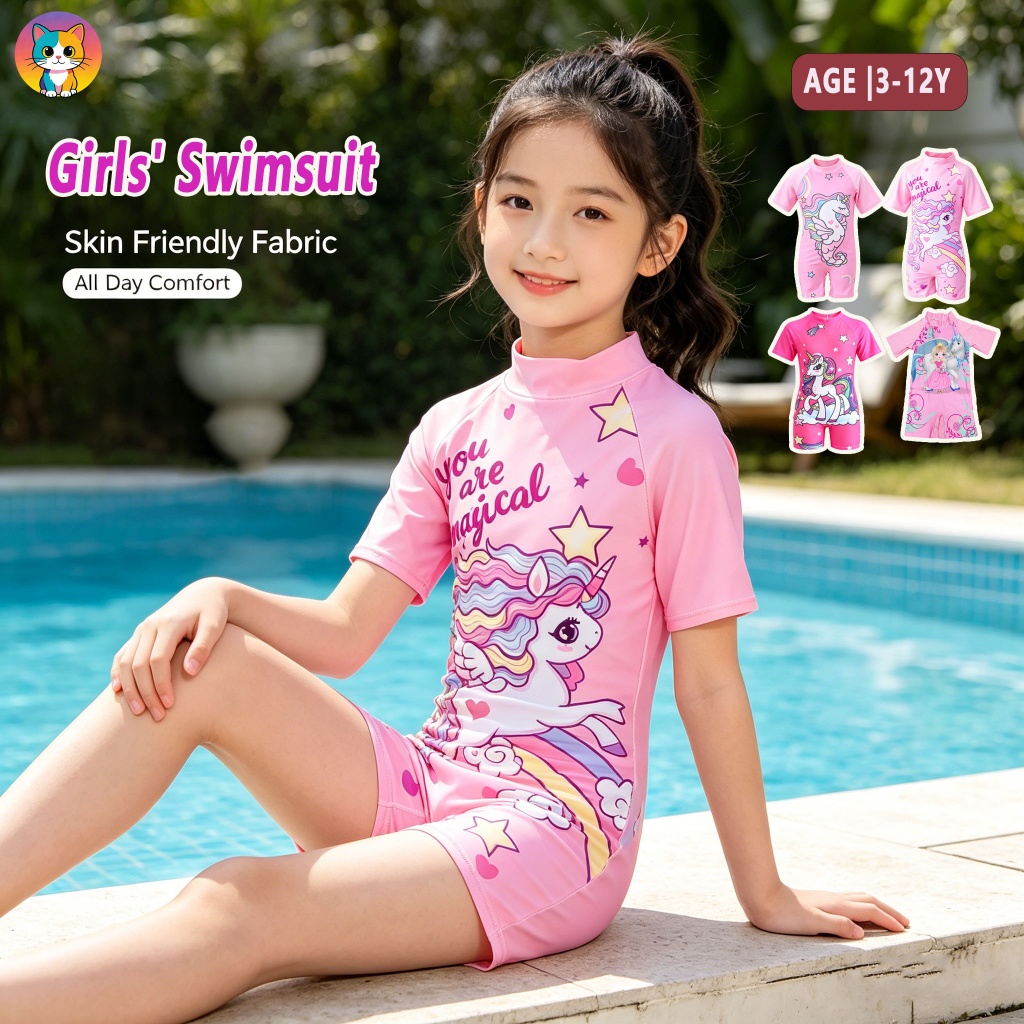 BKK Delivery1PC 3-12Y น่ารักการ์ตูนสาวชุดว่ายน้ํานุ่มสบายวัสดุ Breathable & Fast-Drying Sun-Safe ชุดว่ายน้ําขนาดต่างๆ