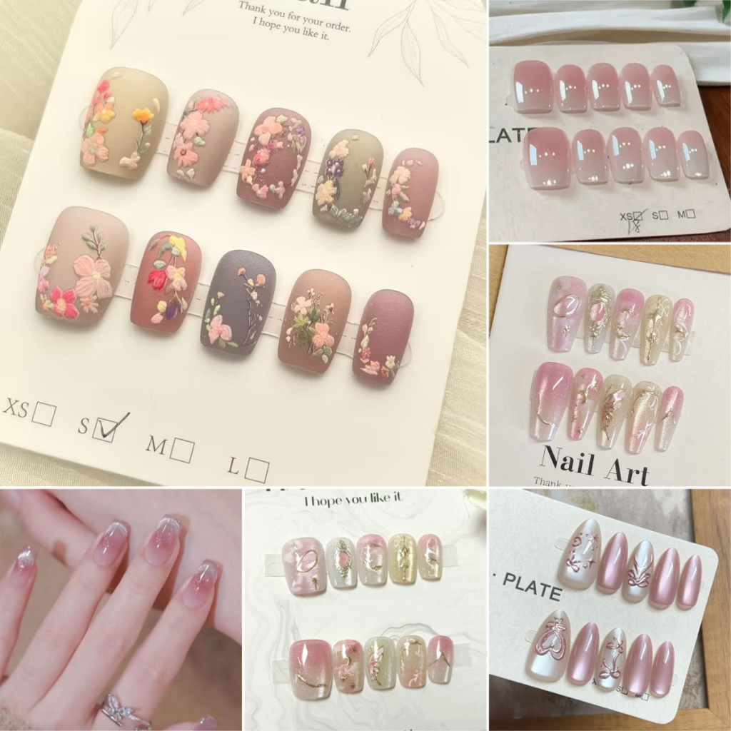 Cats Eye เล็บปลอมพร้อมกาว XS/S/M ขนาดสั้นเล็บขนาดกลาง 10 ชิ้นออกแบบ