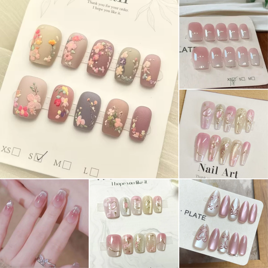 Cats Eye เล็บปลอมพร้อมกาว XS/S/M ขนาดสั้นเล็บขนาดกลาง 10 ชิ้นออกแบบ