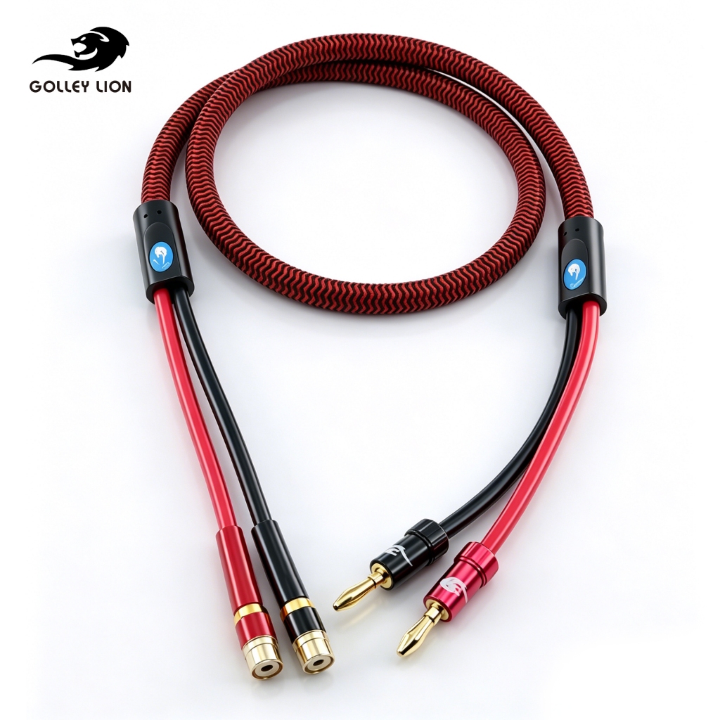 GOLLEY LION Banana Plug 2-Male to 2 Female Banana Jack Socket Plug Splitter Adapter Cable, Red Braid
