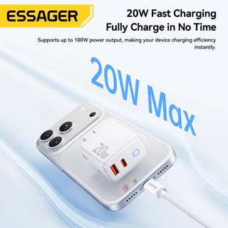 ESSAGER 20W Dual Port หัวชาร์จ Type-C + USB-A PD Fast CHARGING เข้ากันได้กับ iP Android สีขาว