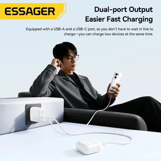 ESSAGER 20W Dual Port หัวชาร์จ Type-C + USB-A PD Fast CHARGING เข้ากันได้กับ iP Android สีขาว
