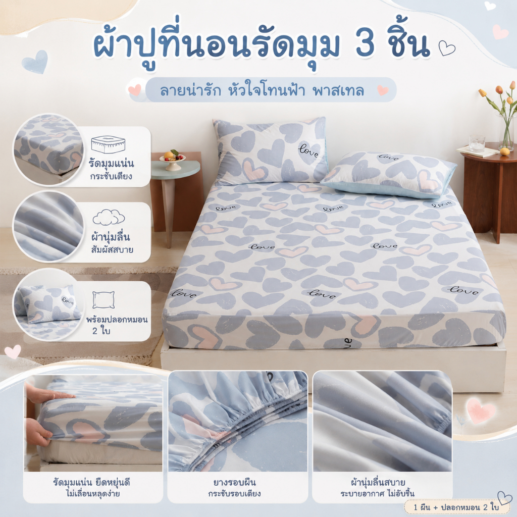 ผ้าปูที่นอนรัดมุม 4 ชิ้น พร้อมปลอกผ้านวมและปลอกหมอน 2 ใบ ชุดผ้าปูเตียง ลายสวย ของใช้ในห้องนอน