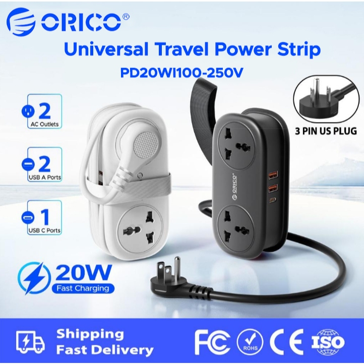 ORICO Universal Travel Power Strip PD20W Fast Charging 2AC Universal ซ็อกเก็ต + 2USB-A + 1Type-C แบบพกพา Wrapable Extension สายไฟ Multi Plug Travel Adaptor