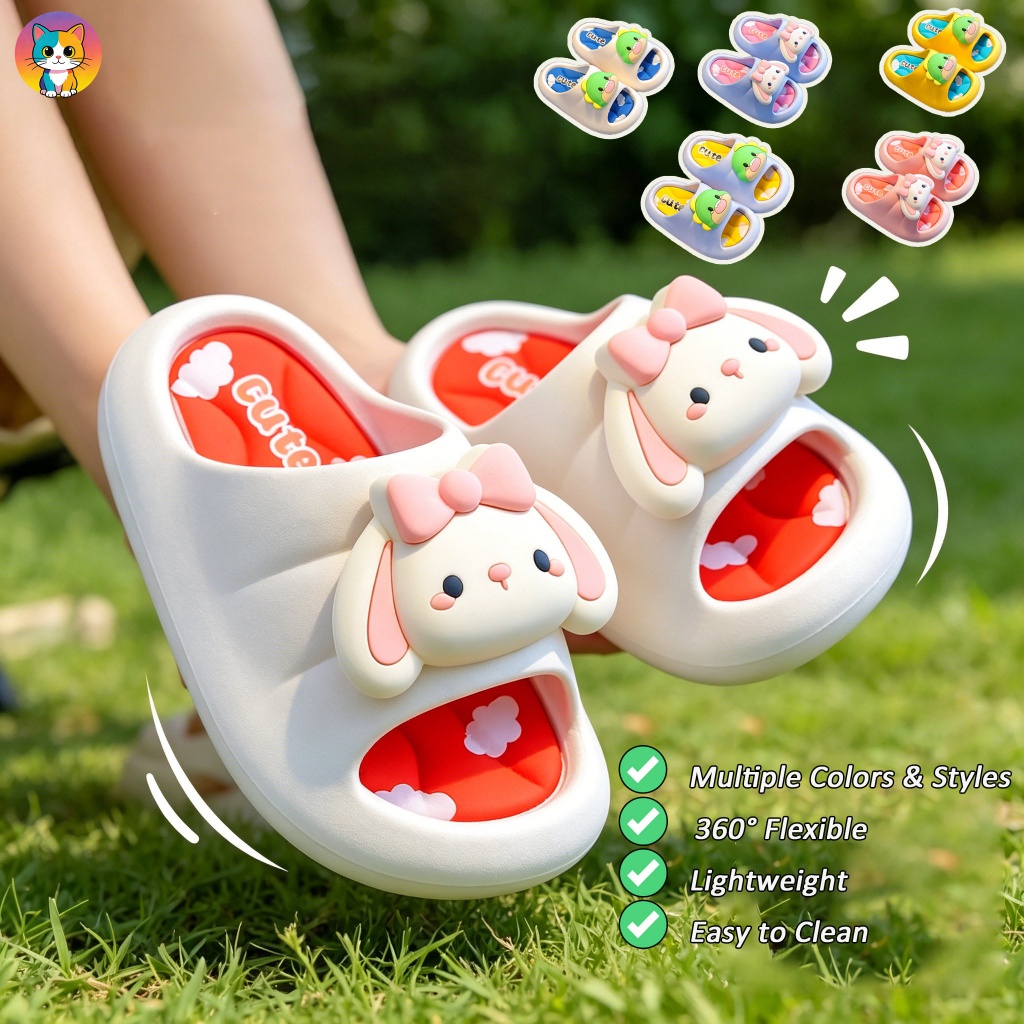 [จัดส่งฟรี] รองเท้าแตะกันลื่นสำหรับเด็กผู้หญิง พิมพ์ลายกระต่ายและไดโนเสาร์การ์ตูน