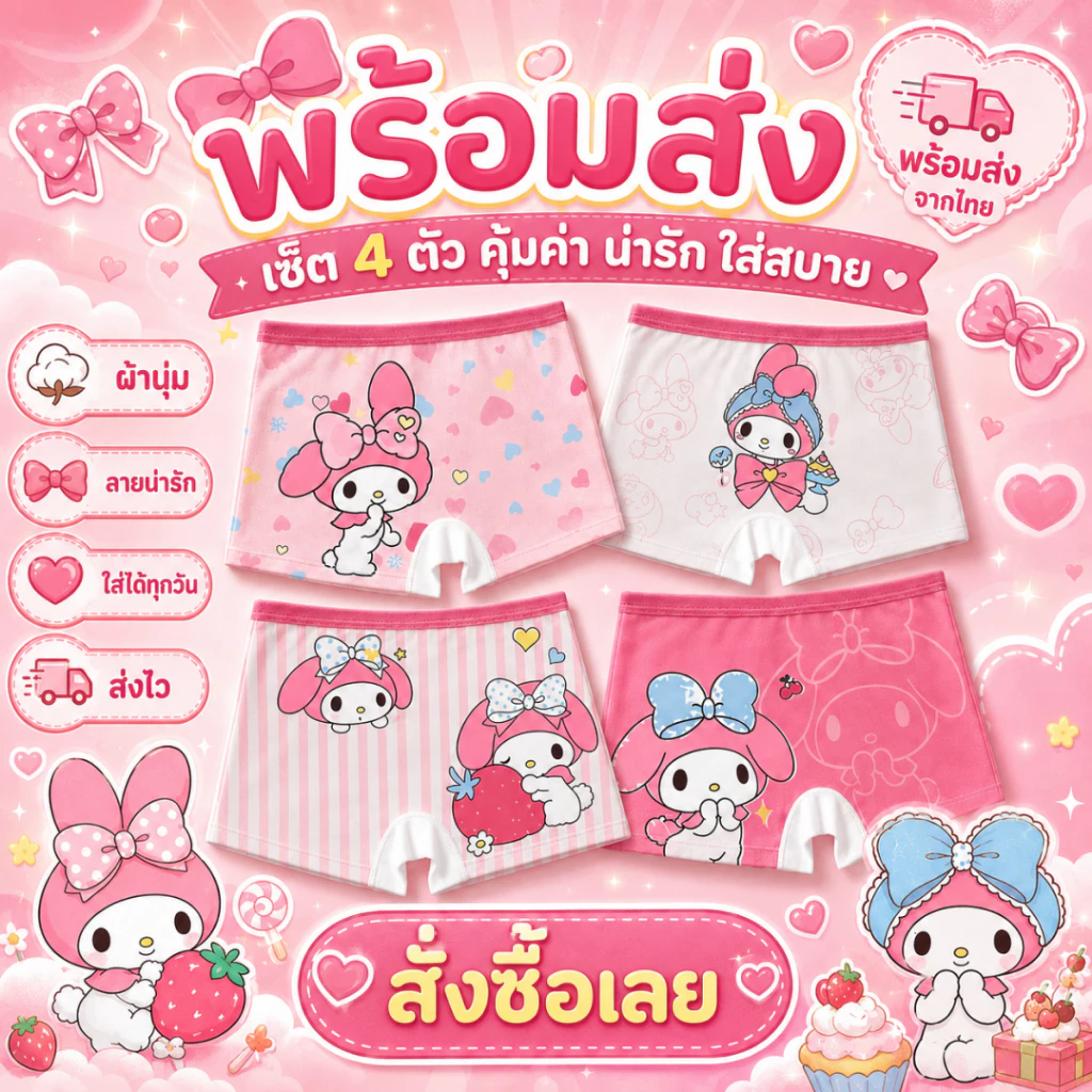กางเกงในเด็กผู้หญิง 4 ตัว/แพ็ค ลายมายเมโลดี้ น่ารัก เนื้อนุ่ม ใส่สบาย สำหรับเด็ก 2-16 ปี thumbnail 5