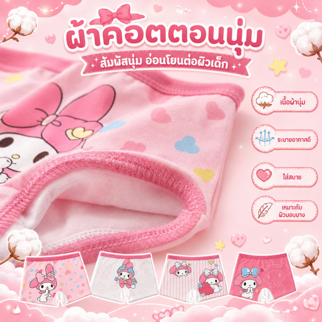 กางเกงในเด็กผู้หญิง 4 ตัว/แพ็ค ลายมายเมโลดี้ น่ารัก เนื้อนุ่ม ใส่สบาย สำหรับเด็ก 2-16 ปี thumbnail 3