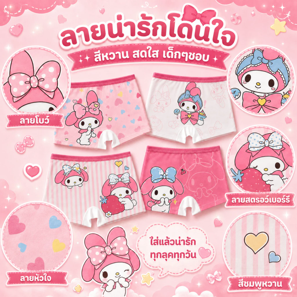กางเกงในเด็กผู้หญิง 4 ตัว/แพ็ค ลายมายเมโลดี้ น่ารัก เนื้อนุ่ม ใส่สบาย สำหรับเด็ก 2-16 ปี