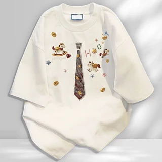 LABZAA เสื้อยืดแขนสั้นคอกลม วินเทจฟอกน้ำ ลายเนกไท Oversized ระบายอากาศ ผ้าฝ้าย 100% YG3240