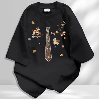 LABZAA เสื้อยืดแขนสั้นคอกลม วินเทจฟอกน้ำ ลายเนกไท Oversized ระบายอากาศ ผ้าฝ้าย 100% YG3240
