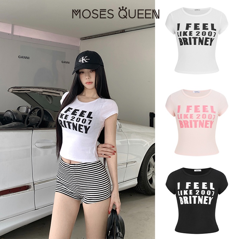 MOSESQUEEN มอสส์ ราชินี 2026 เสื้อยืดแขนสั้นพิมพ์ลายตัวอักษรย้อนยุคสําหรับผู้หญิงเส้นเอวโชว์ชุดตัวนอกอเนกประสงค์สําหรับการเดินทางที่เดินทางมาพักผ #63512