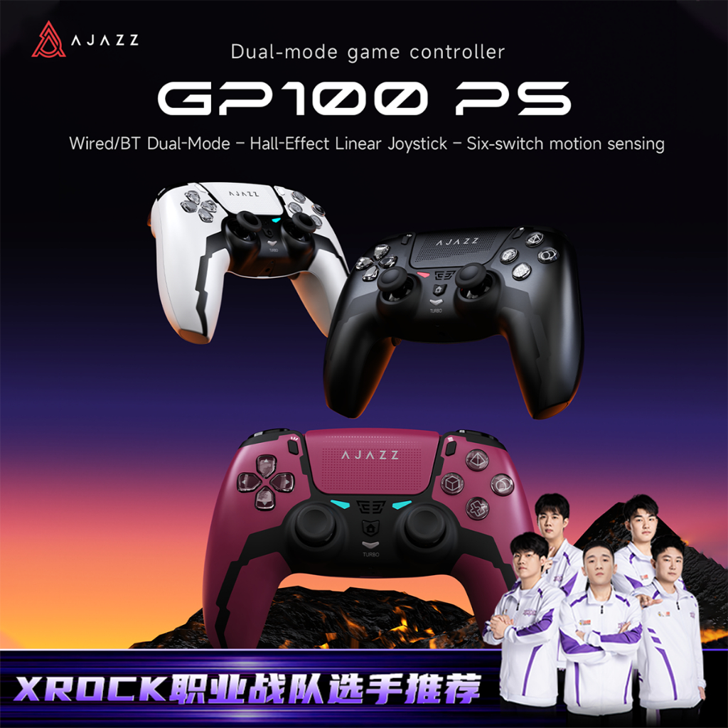 AJAZZ GP100 PS คอนโทรลเลอร์เกมไร้สาย, จอยสติ๊กเอฟเฟกต์ห้องโถง, บลูทูธและโหมดคู่แบบมีสาย, หกแกน