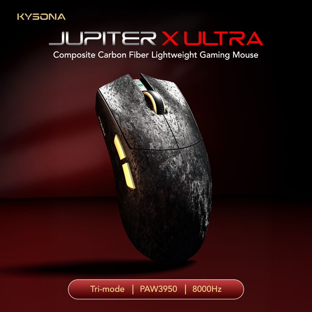 KYSONA Jupiter X Ultra 61g เมาส์เล่นเกมไร้สาย Super-Light Dual-8KHz PAW3950 30000 DPI Nordic54L15 คาร์บอนไฟเบอร์ตามหลักสรีรศาสตร์