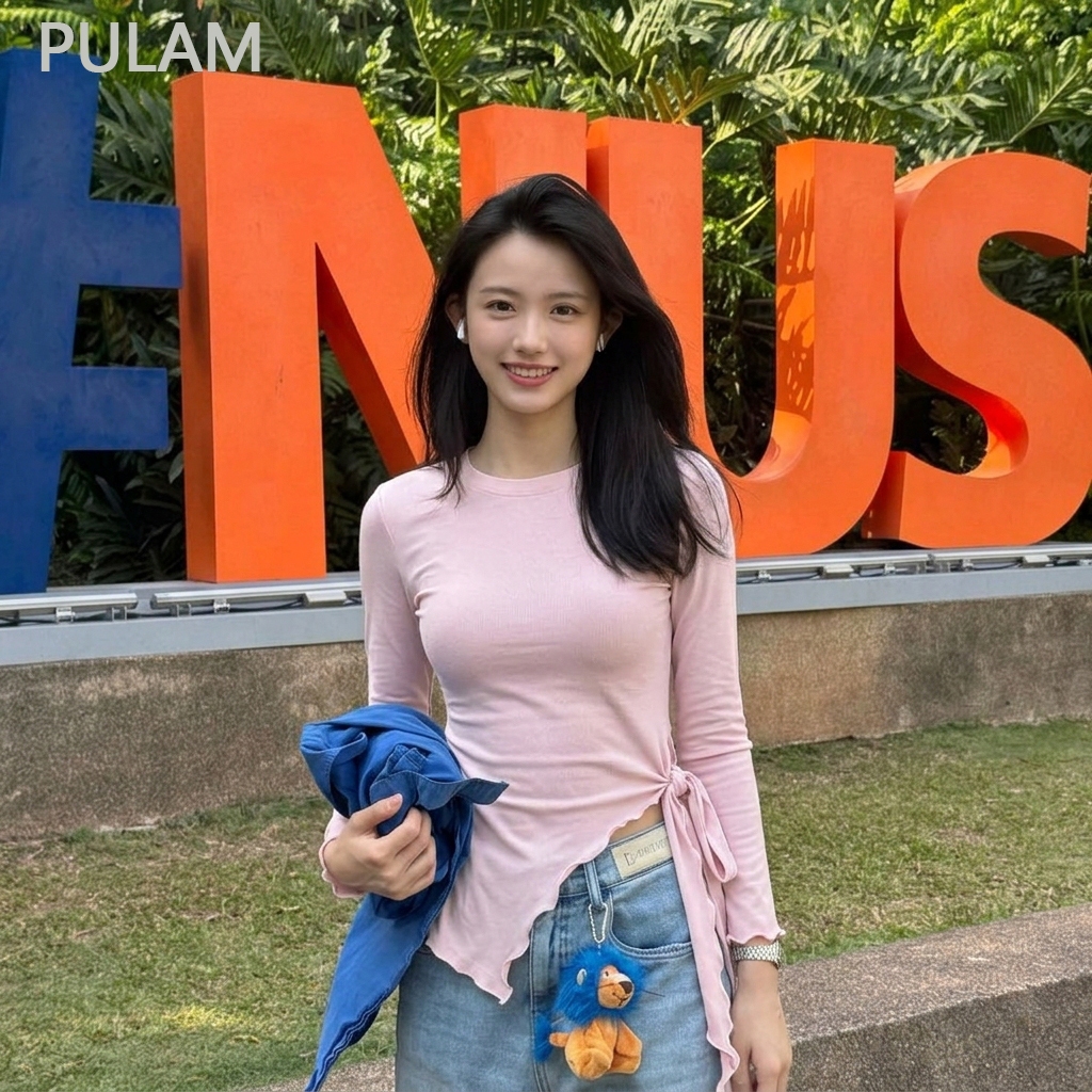 เสื้อยืนยุแขนยาวสำหรับโยคะ ดีไซน์อสมมาตร กางเกงแห้งเร็ว และมีรายละเอียดผูกเน็คไทด้านข้าง
