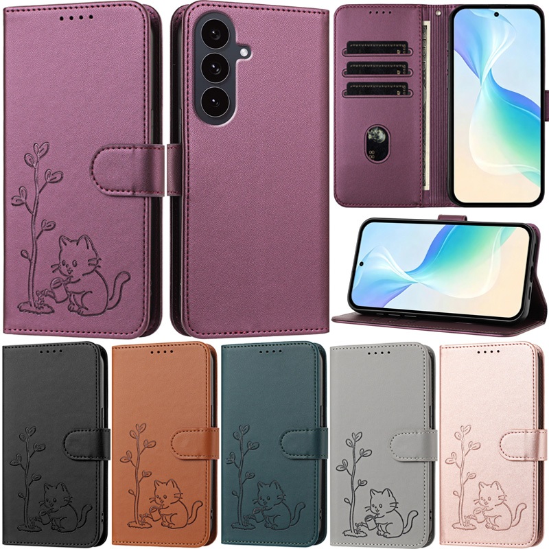 SAMSUNG หรูหราสําหรับSamsung Galaxy A54 5G A34 A14 A13 A05s M36 5G M14 A24 5G M36 A04s A25 5G A05 A04 M13 5Gแมวดอกไม้รูปแบบกระเป๋าสตางค์หนังช่องใส่การ์ดฝาครอบ