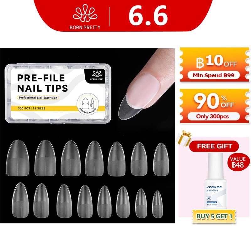 BORN PRETTY 300 ชิ้น/กล่องขนาดกลาง-ยาวอัลมอนด์เล็บเคล็ดลับครึ่ง Matte เล็บปลอมเล็บปลอม 15 ขนาด Pre-shape เล็บใสเคล็ดลับ