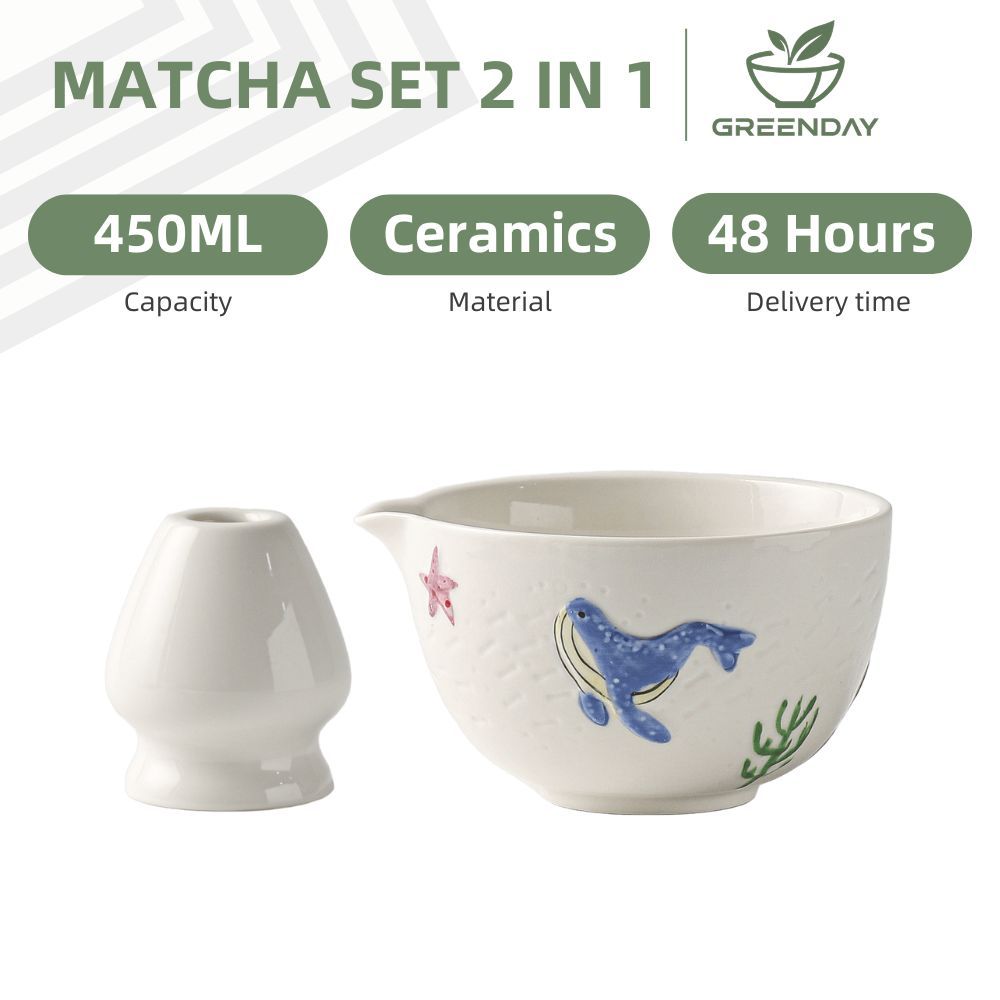 GREENDAY 2 In 1 ชามมัทฉะ Chawan ลายปลาวาฬ ชุดชามมัทฉะญี่ปุ่นวาดด้วยมือ ชุดปัดมัทฉะ