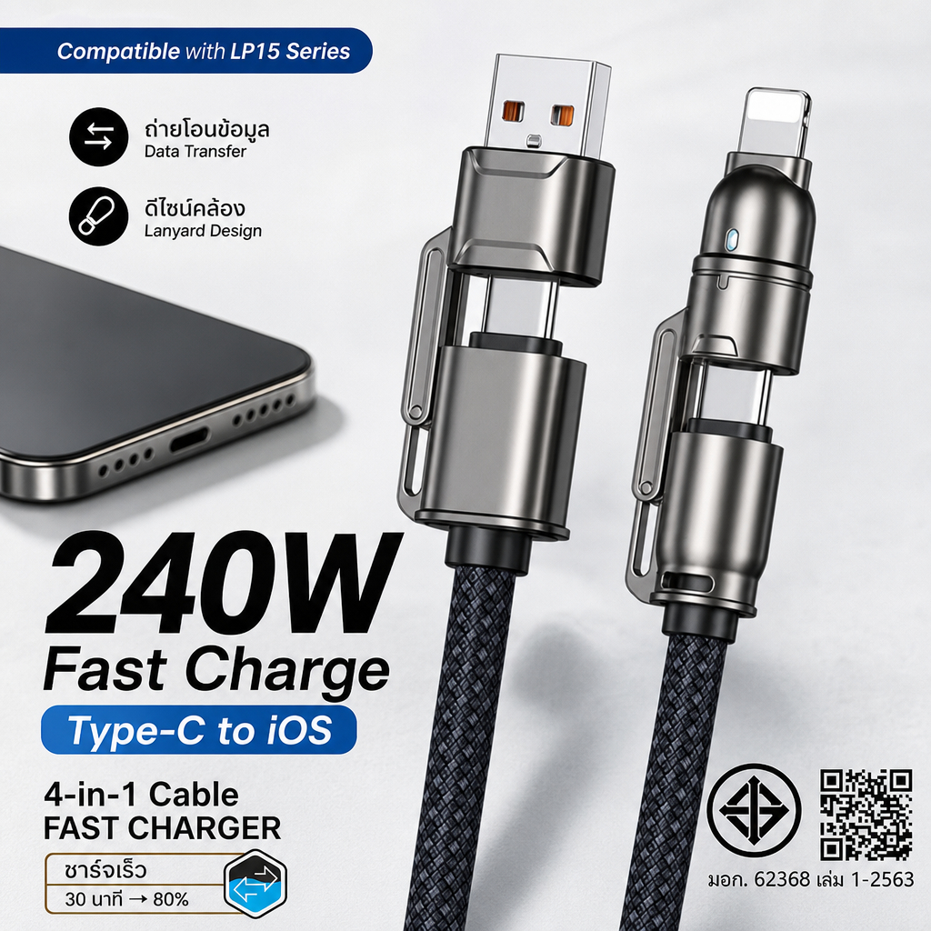 สายชาร์จคล้องคอ USB Type-C PD 60W / Type-C ถึง iOS PD 27W 0.3M 1.2M ส่งข้อมูล พกง่าย รองรับ LP15 Ser