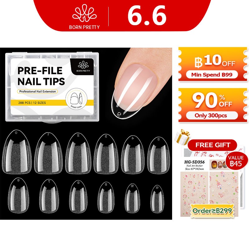 BORN PRETTY สั้นรูปไข่รูปร่างเล็บเคล็ดลับครึ่ง Matte เล็บปลอมเล็บปลอม 12 ขนาด Pre-shape เล็บใสเคล็ดลับ 288 ชิ้น/กล่อง