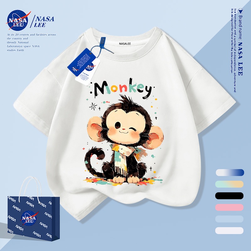 [จัดส่งภายในกทม. วันเดียว] เด็กสีขาวผ้าฝ้ายแท้ระบายอากาศเสื้อยืดบรรยากาศการ์ตูนลิง Childlike ลายน่ารัก 3-16 ปีหลวมสบายๆสั้น-