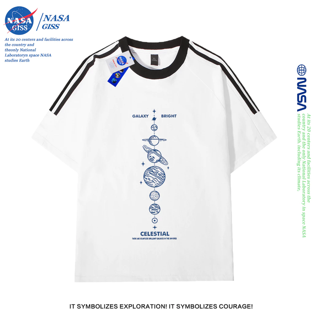 NASA เสื้อยืดสามแถบชายหญิง oversize แขนสั้น สไตล์ลำลอง summer สร้อยลายท้องฟ้าประดับดาว พิมพ์ลาย คอตตอน100% คอกลม หลวมและระบายอากาศ
