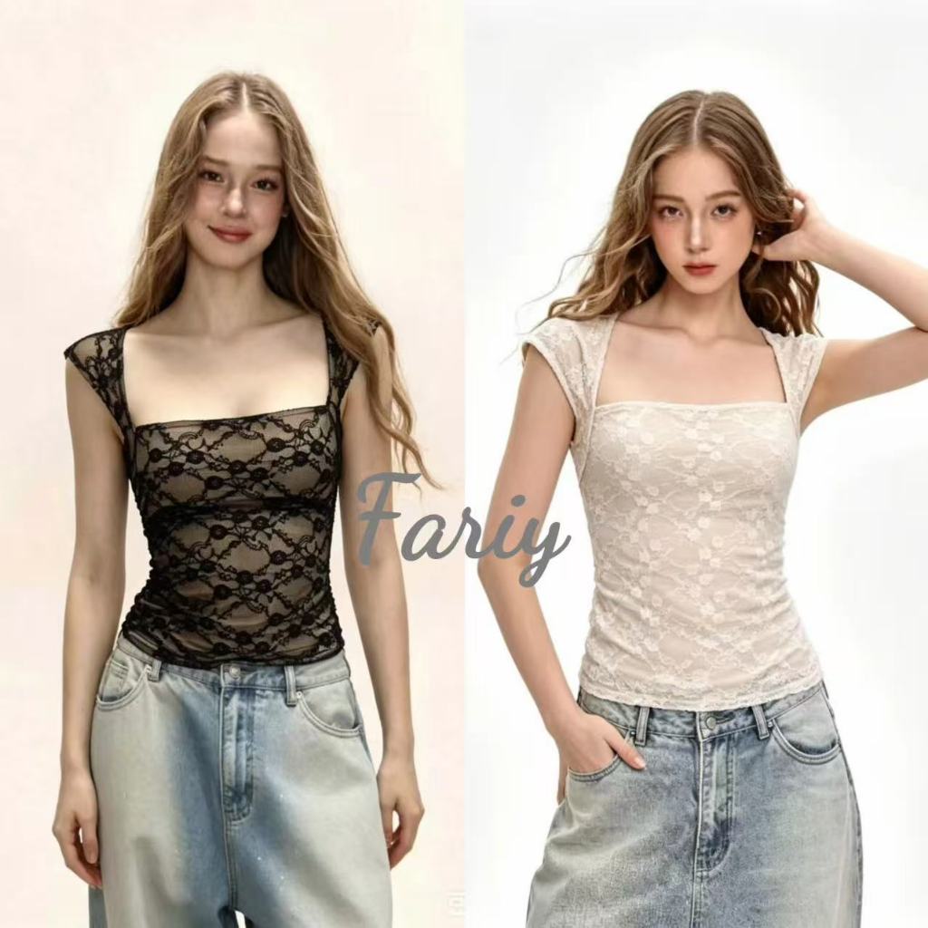 Fariy🍒คลังสินค้าพร้อม🍒 เสื้อยืดแขนสั้นคอเหลี่ยมแต่งลูกไม้สไตล์อเมริกันสำหรับผู้หญิง ทรงเซ็กซี่ เข้ารูป สั้น