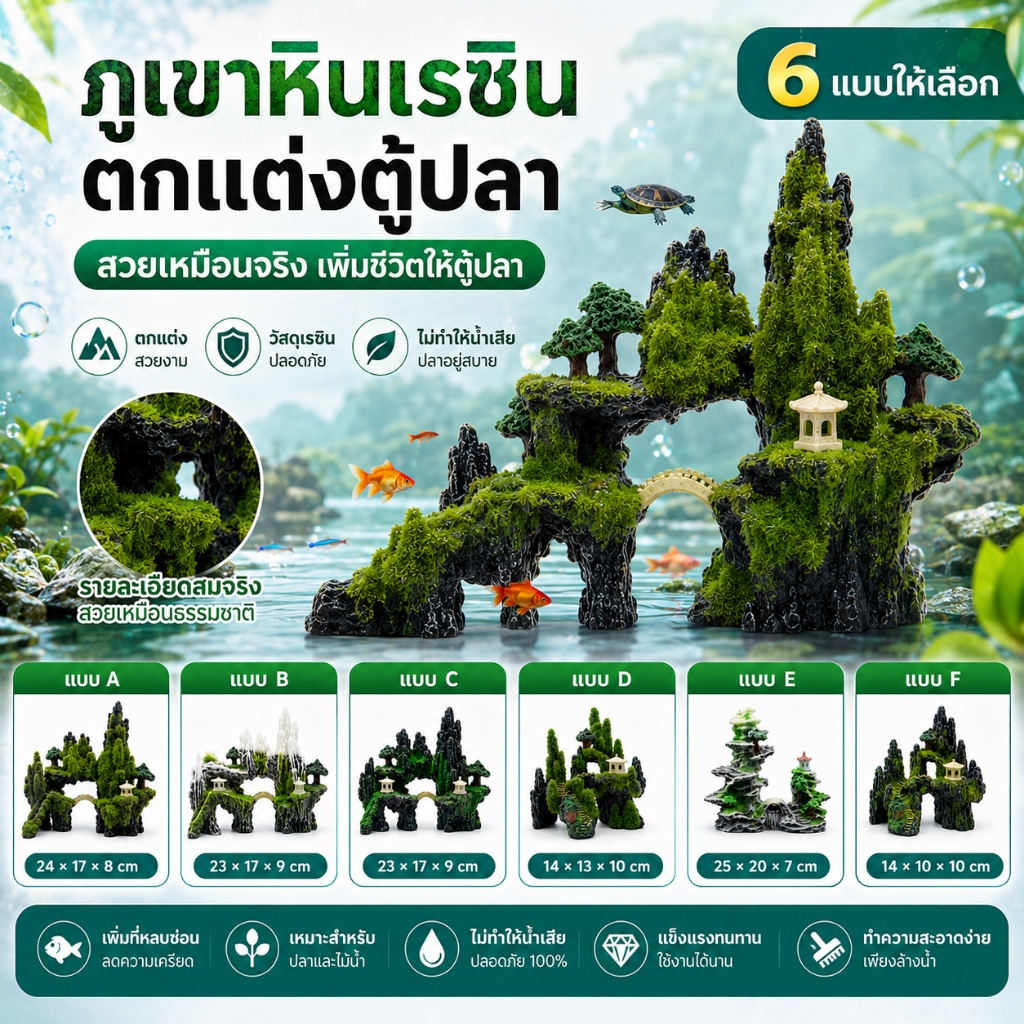 เครื่องประดับตู้ปลาหินปลอมเรซินตกแต่งภูเขาเหมือนจริงสําหรับถังปลาเต่าและ Aquascaping