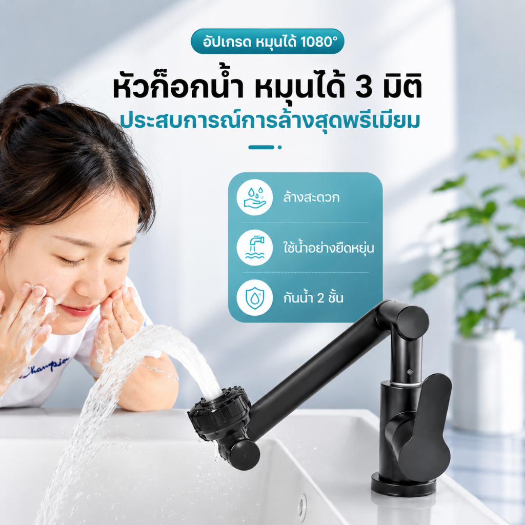 ก๊อกน้ำหมุนได้ 1080° ปรับน้ำ 2 โหมด สำหรับอ่างล้างหน้า อ่างล้างจาน ห้องน้ำ ติดตั้งง่าย T0042