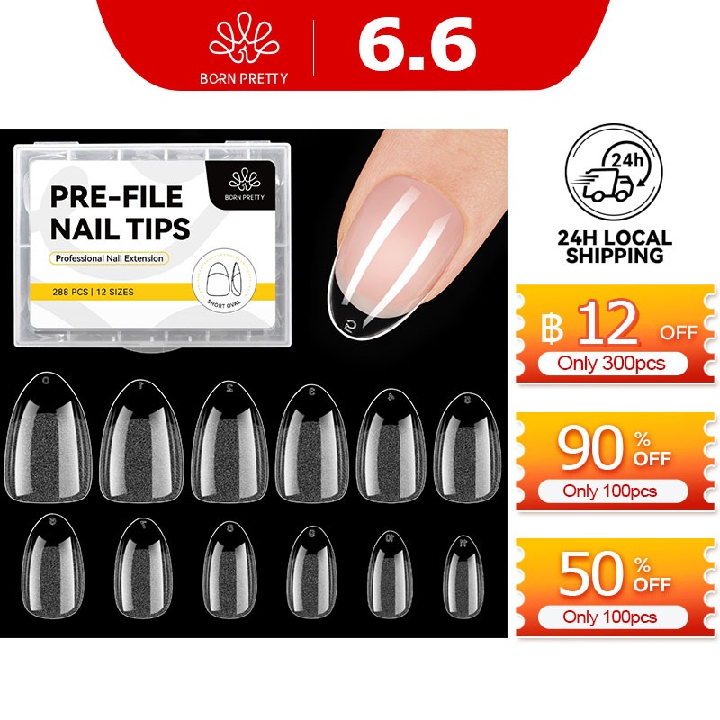 BORN PRETTY สั้นรูปไข่รูปร่างเล็บเคล็ดลับครึ่ง Matte เล็บปลอมเล็บปลอม 12 ขนาด Pre-shape เล็บใสเคล็ดลับ 288 ชิ้น/กล่อง