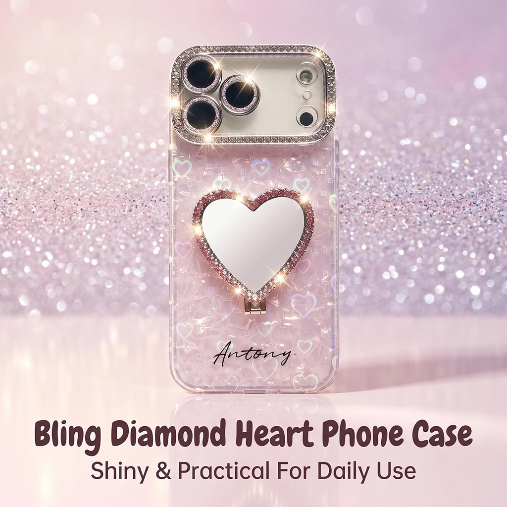 เคสโทรศัพท์ขาตั้งกระจกแต่งหน้ารูปหัวใจใหม่พร้อมชื่อที่กําหนดเอง เข้ากันได้กับเคสไอโฟน17 Pro Max, 17 Pro, 16 Pro Max, 16 Pro